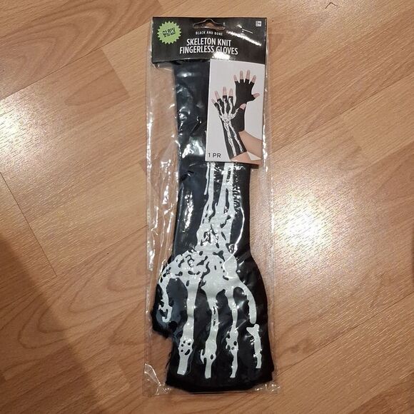 New Black Bone Skeleton glow in the dark Knit Fingerless Costume Gloves - Picture 1 of 5
